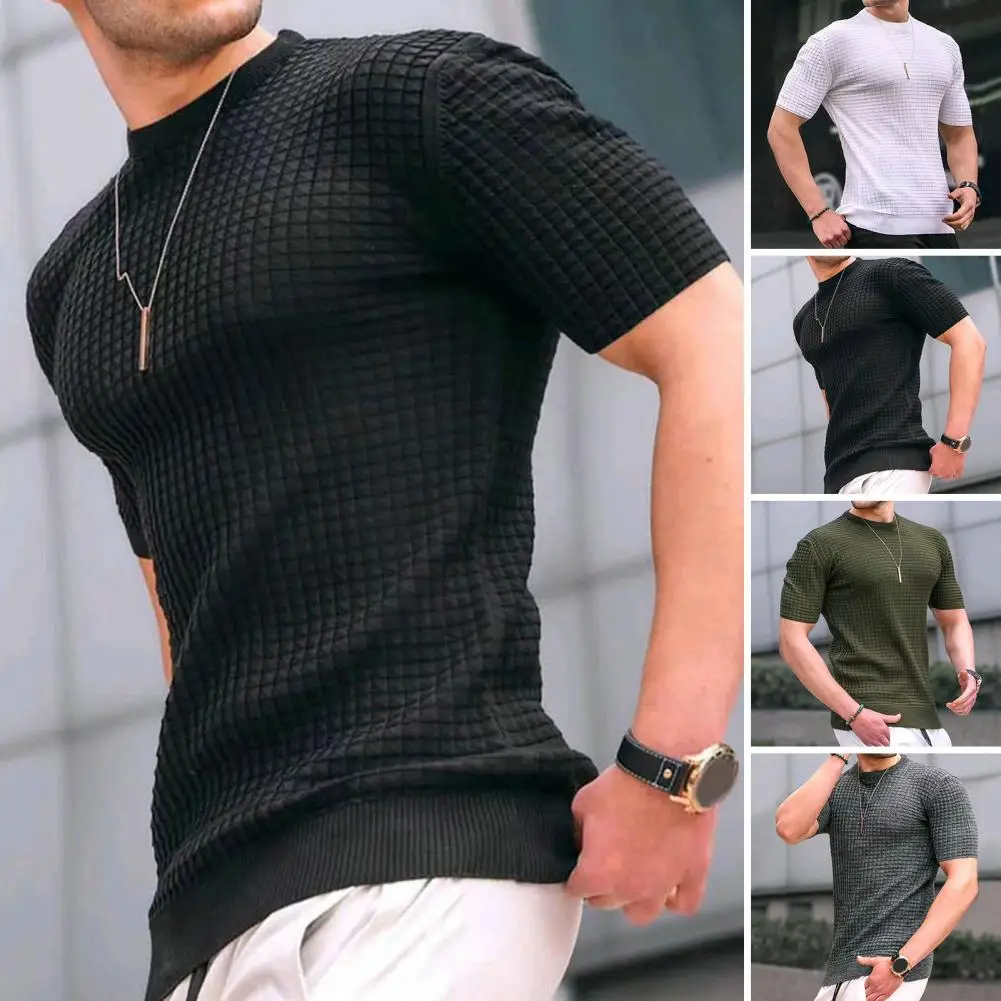 

Men Summer Casual Pullover Tee Shirt O-Neck Short Sleeve 3D Waffle Men T-shirt Summer Solid Color Simple Tee Shirt Streetwear
