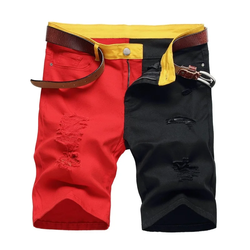

2022 Summer New Men's Ripped Short Jeans Streetwear Fashion Red White Yellow Black Patchwork Slim Denim Shorts Brand Clothes