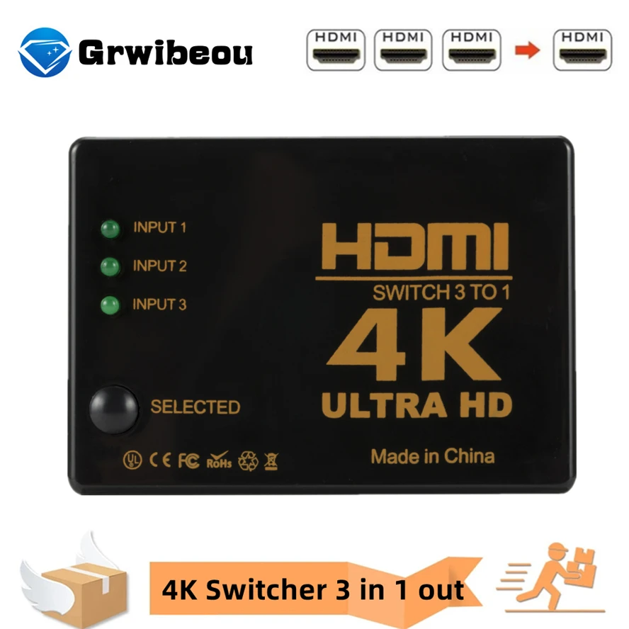 

GRWIBEOU HDMI Switch 4K Switcher 3 in 1 out HD 1080P Video Cable Splitter 1x3 Hub Adapter Converter for PS4/3 TV Box HDTV PC