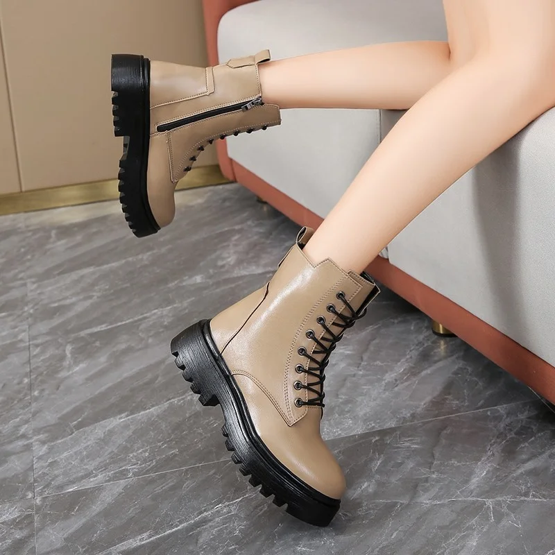 Women's Boots Lace-up Platform Ankle Boots Women Fashion Black Boots Plus Velvet Warm Snow Boots Winter Short Boots Women