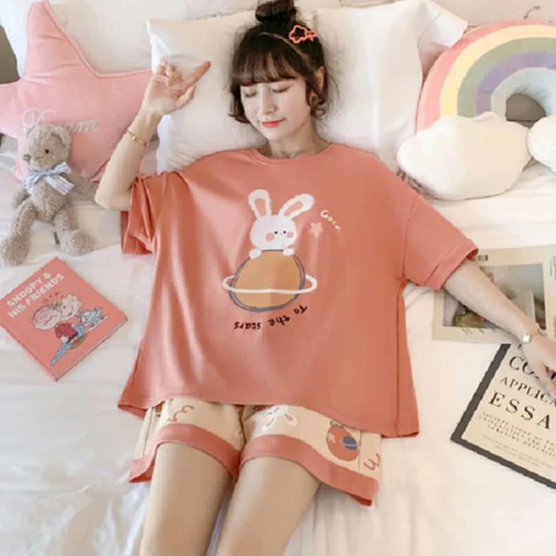 New Plus Size Womens Pajamas Summer Shorts Sleepwear Leisure Womans New Big Size Ladies Cute Cartoon Printing Pyjama Home Suit