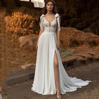sexy lace v neck wedding dress backless 2022 beach sleeveless bridal gown appliques bow split fashion sweep train robe de mari%c3%a9e