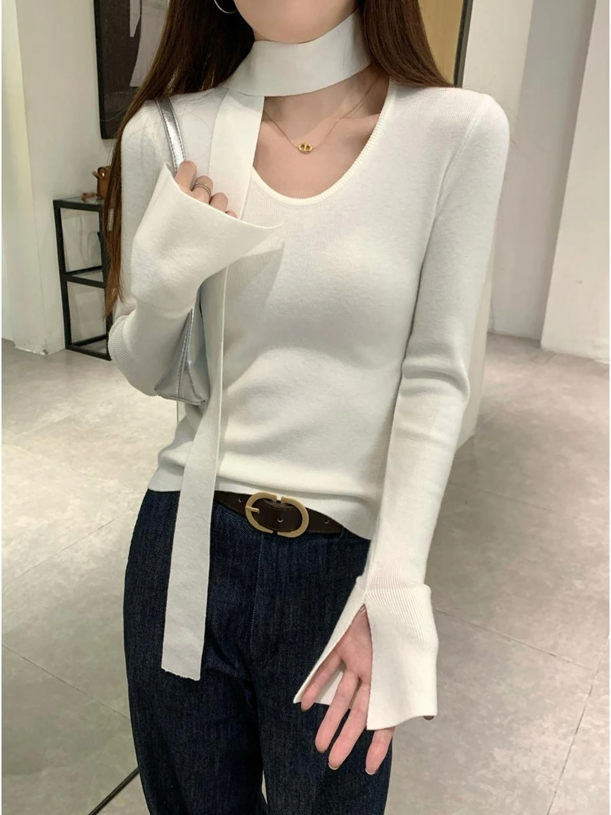 Корейская серия газовая текстура вязаный топ с длинными рукавами зима 2024 новый