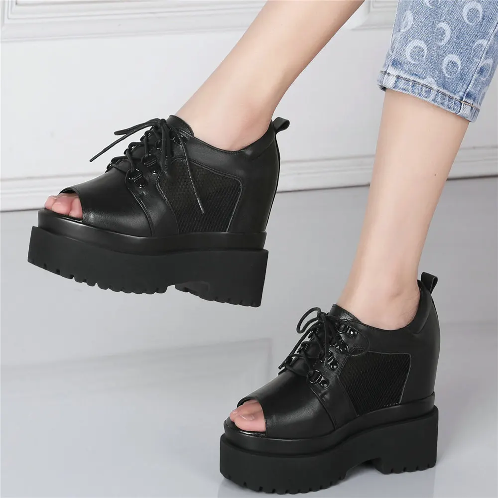 

Туфли-лодочки женские на платформе, натуральная кожа, шнуровка, высокий каблук, сандалии-гладиаторы, открытый носок, модные кроссовки, повсе...