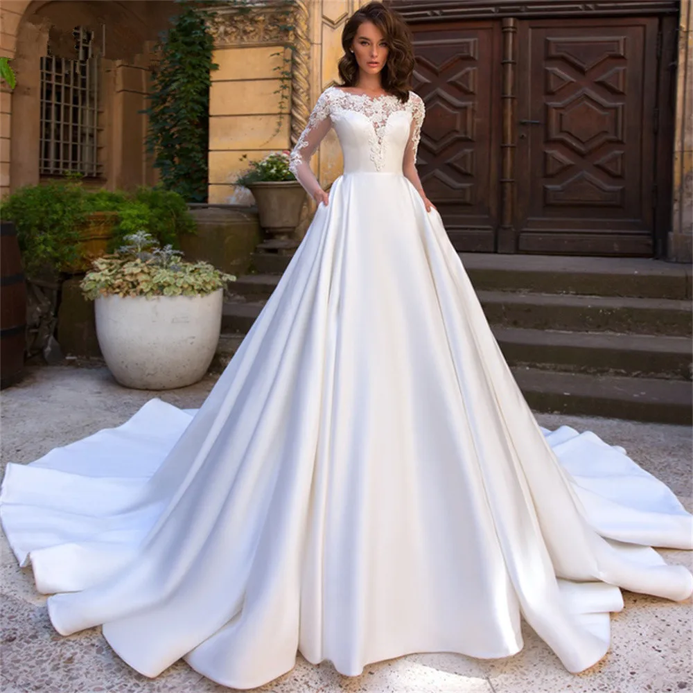 

Elegant A Line Wedding Dresses Long Sleeves Satin Lace Appliques 2023 Formal Bridal Gowns Customiz Vestido De Novia With Pockets