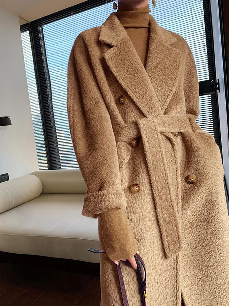 High Grade  Sheep Camel Hair Coat for Women's Mid Length  100% Alpaca Winter Thickened Warm Woolen Coat