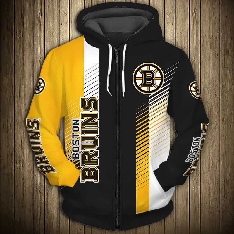 

Boston men's casual 3D zipper hoodie Graffiti letter B black and yellow stripes print Bruins sweatshirt