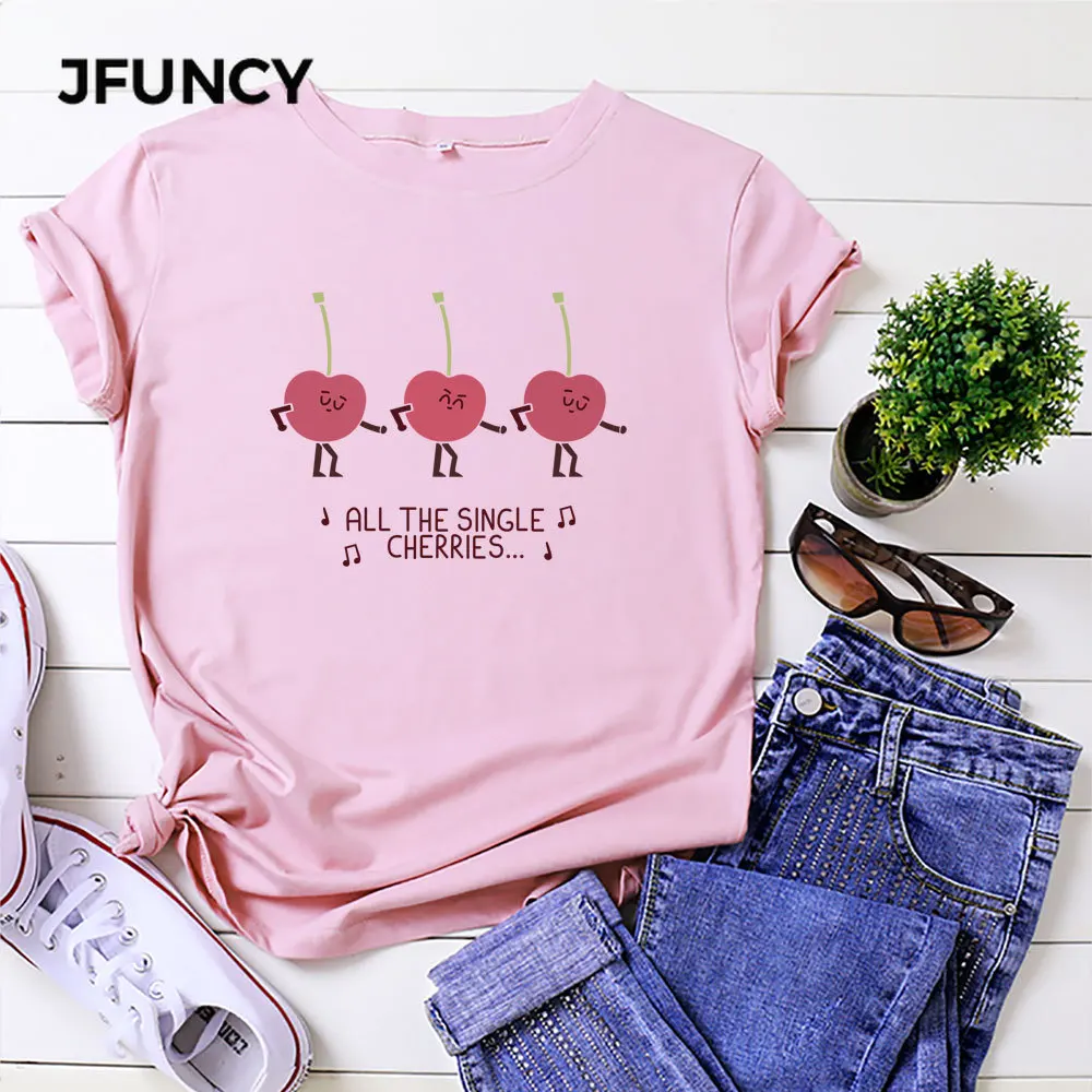JFUNCY  Women Tops Cotton T-shirt Summer Short Sleeve Oversize Tshirt Cherries Print Casual Loose Female Tee Shirts