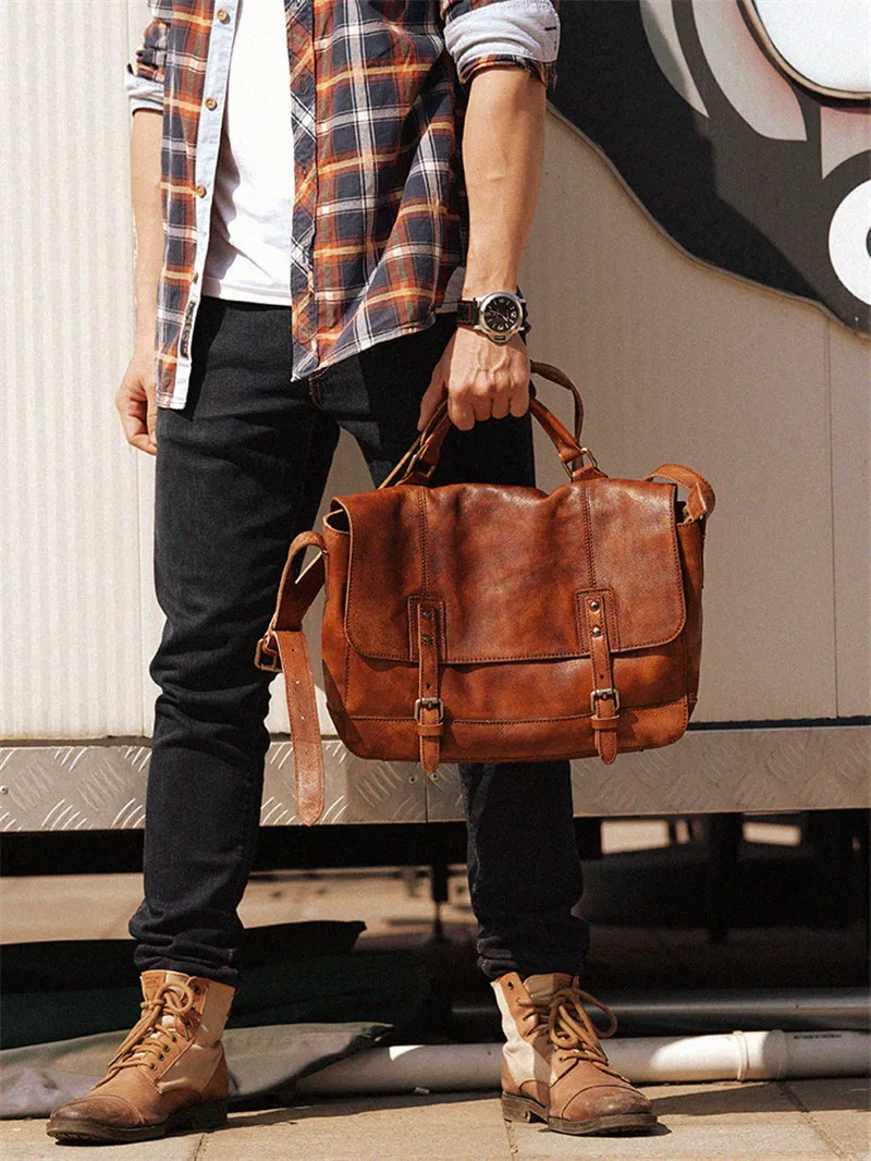 Business vintage luxury high quality genuine leather men briefcase laptop handbag outdoor travel real cowhide work messenger bag