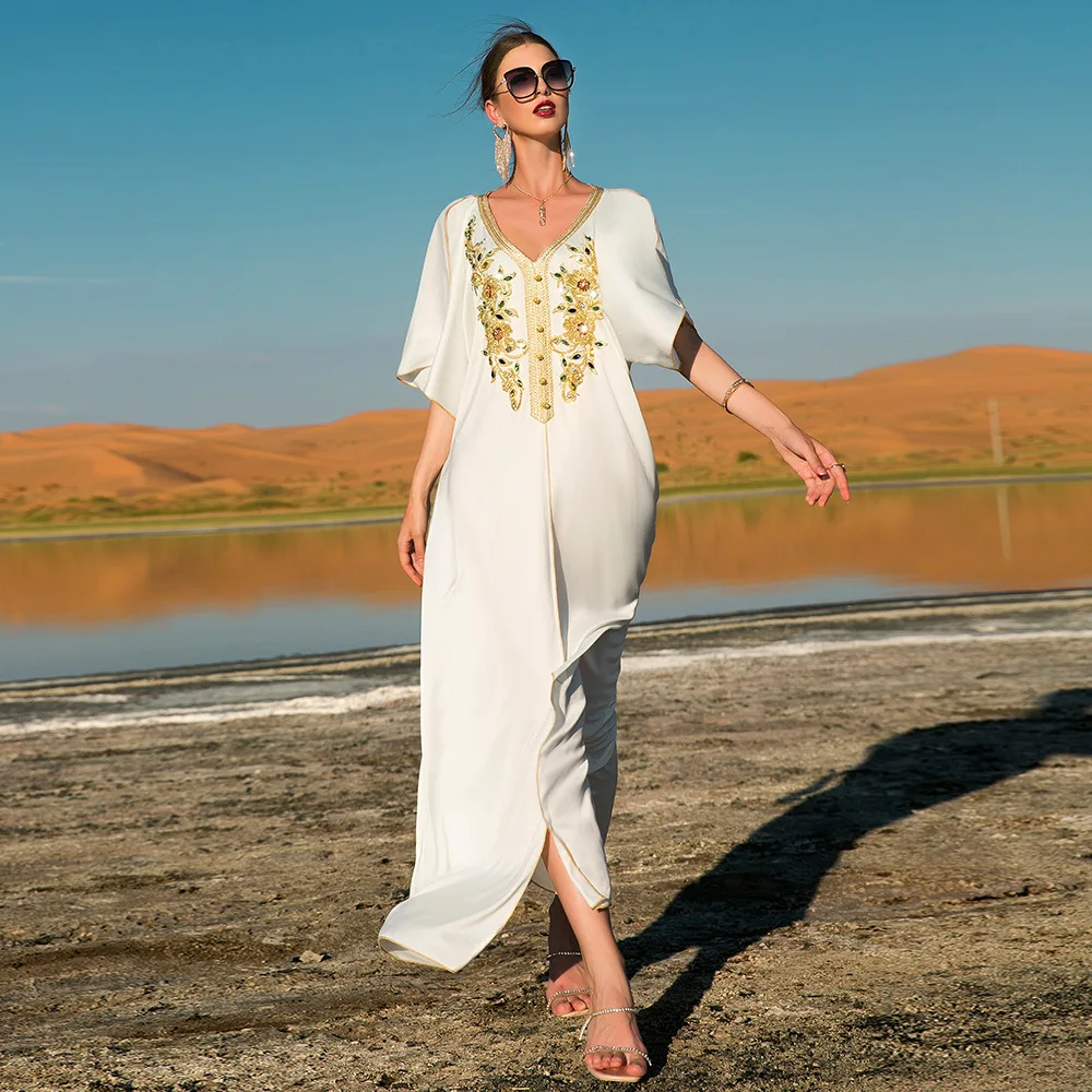 

Muslim Abaya Dubai White Evening Dresses for Women Moroccan Caftan Handsewn Lace Rhinestones Luxury Bridal Gowns Jalabiya Islam