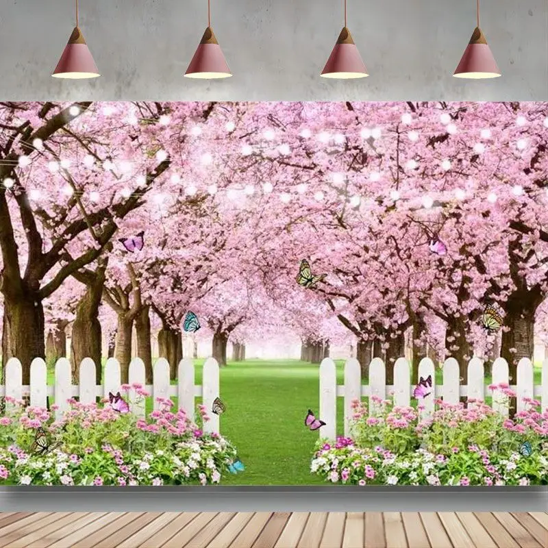 

Spring Backdrop Garden Pink Cherry Blossom Green Grass Butterfly Flower Background Wedding Baby Shower Birthday Party Decoration