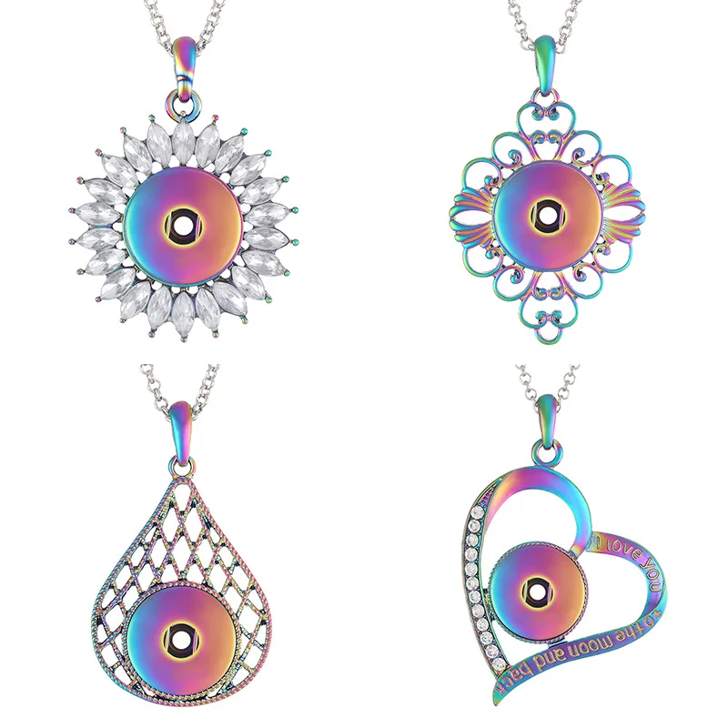 

New laser colorful Metal Sun Drop Flowers Hearts Moon snap pendant necklace 60cm fit 18MM snap buttons snap jewelry