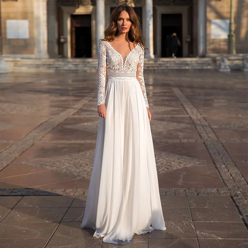 

Boho Lace Appliques Chiffon Wedding Dress Full Sleeve V-Neck Zipper Back Beach Bridal Gown A-Line Floor Length Vestidos De Novia
