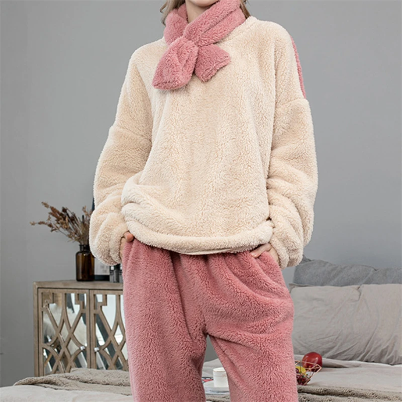 

Winter Pajama Sets Women's Solid Long Sleeve Fluffy Pijama Suit With Pants Thick Warm Fleece Home Clothes For Female