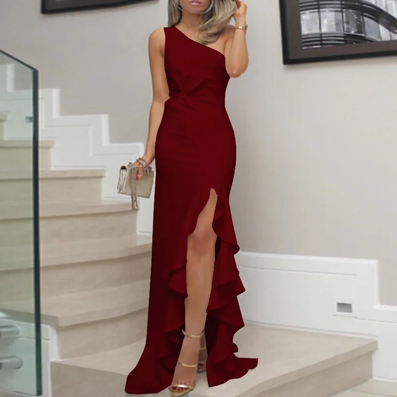 Solid Casual One Shoulder  Long Dresses for Women Party Wedding 2021 Ruffle Sexy Sleeveless Elegant Robe S-5XL