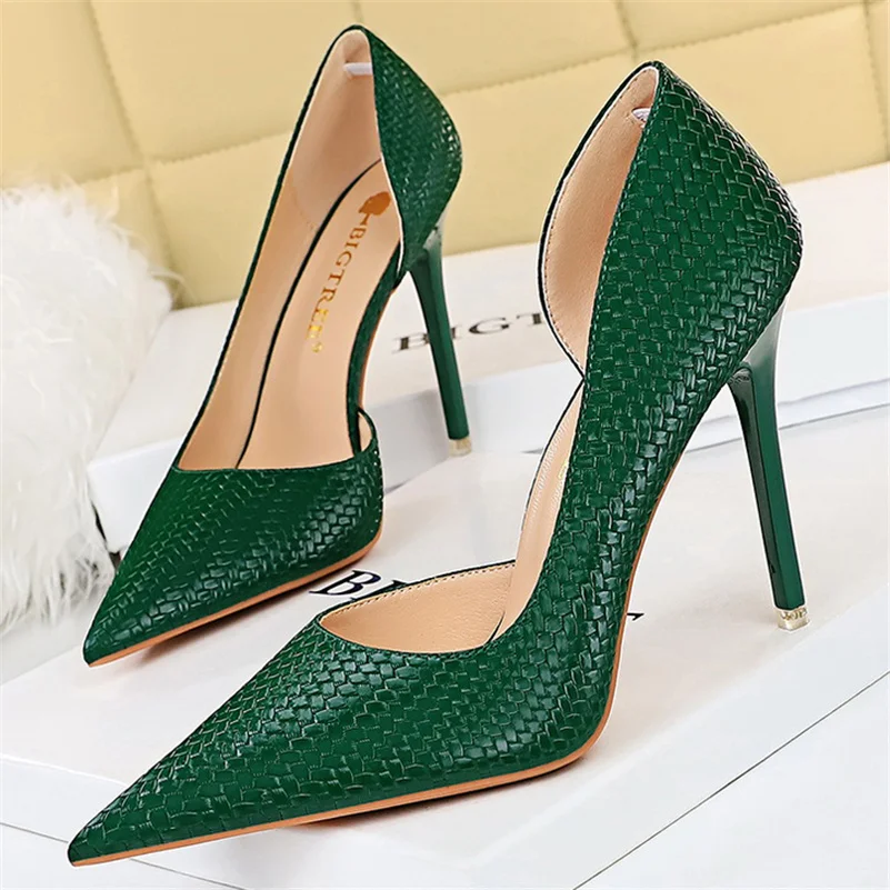 

2022 Women 10.5cm High Heels Pumps Lady Weave Leather Wedding Burgundy Stiletto Heels Fetish Nightclub Plus Size Green Shoes