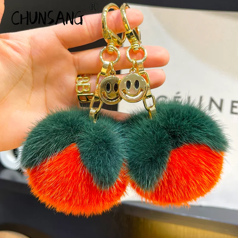 

2022 New In Persimmon Real Mink Fur Handmade Cute Key Chain Keychains Bag Accessory Car Keychain Gift Keyrings Gifts Keyring