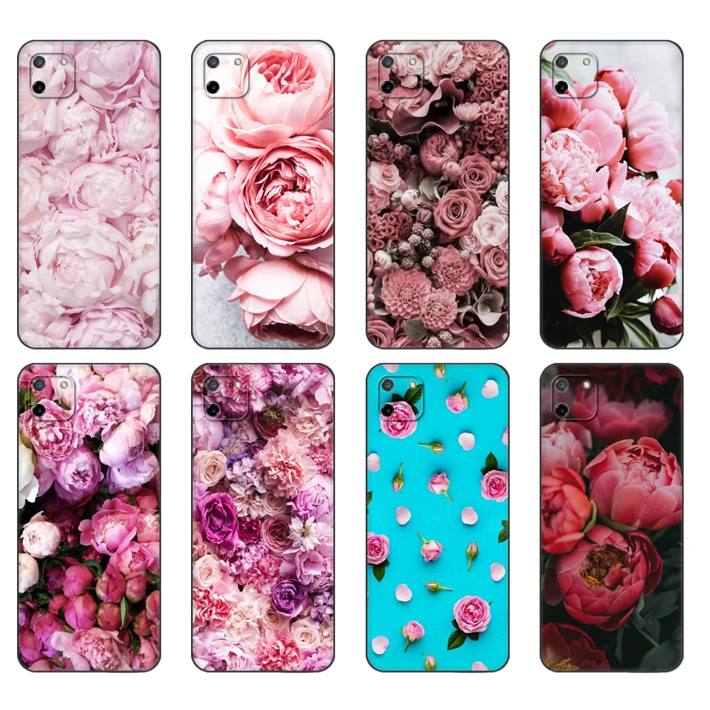 

Black tpu Case For OPPO Realme C11 Case For Realme C 11 RealmeC11 Back RMX2185 Case Cover Bumper Flower Pink Peonies Peony