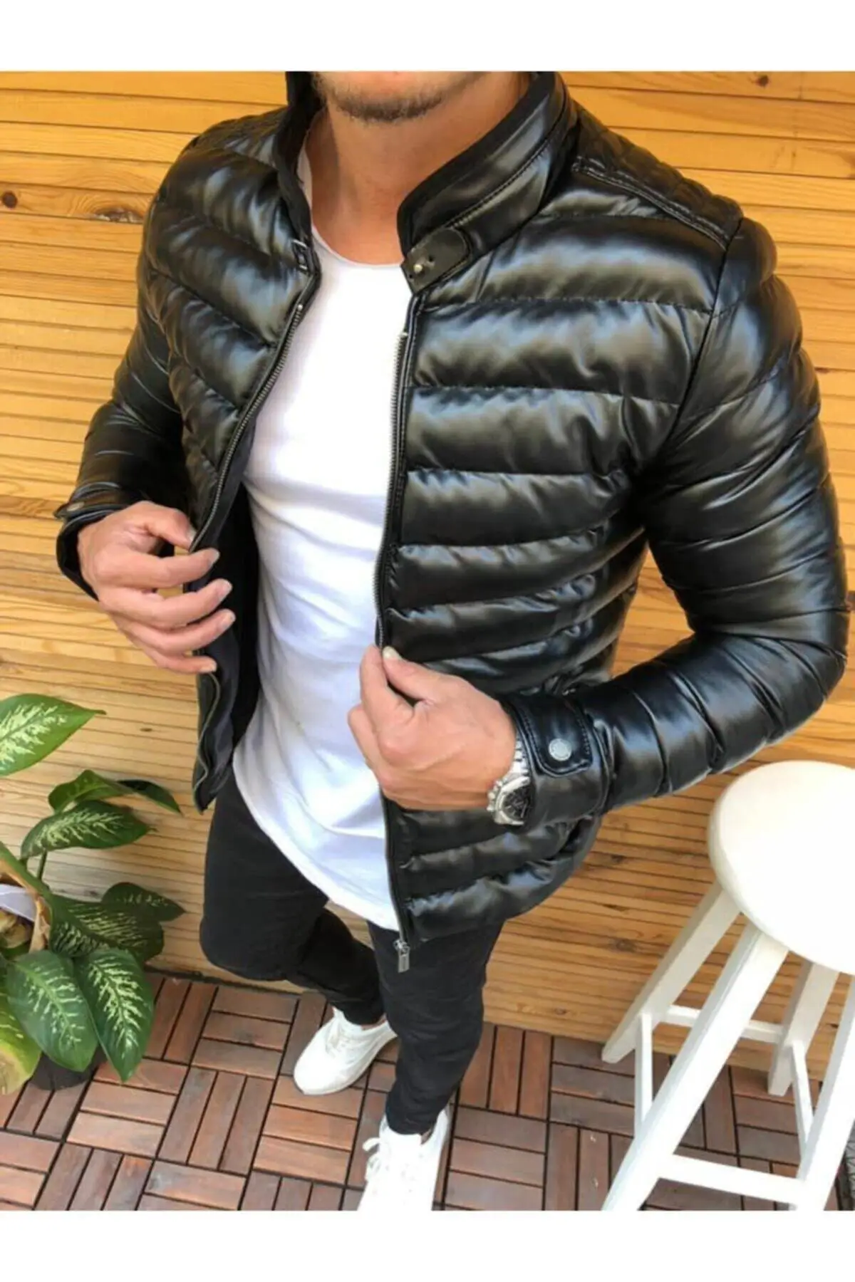 Men's Slim Fit Straight Collar Inflatable Leather Jacket