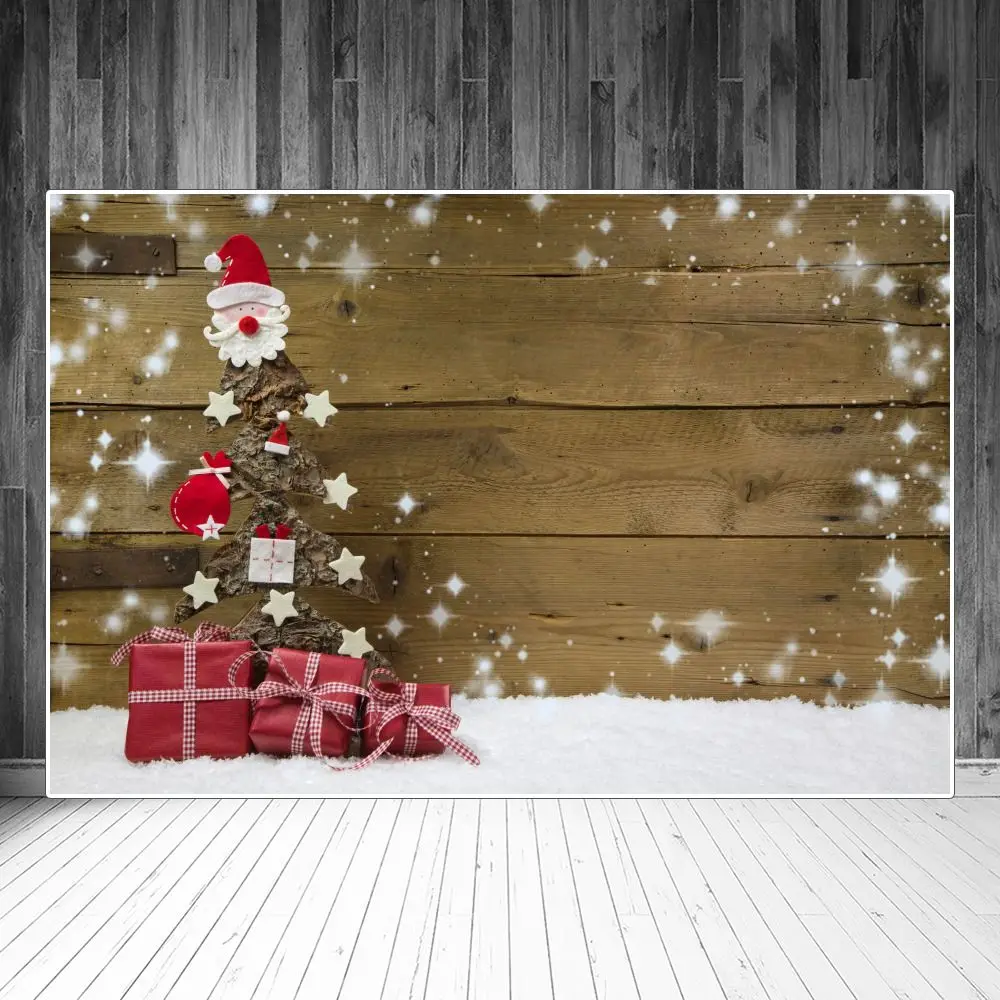 

Christmas Tree Gift Stars Snowflake Wooden Planks Photography Backgrounds Custom Baby Party Decoration Photo Booth Backdrops