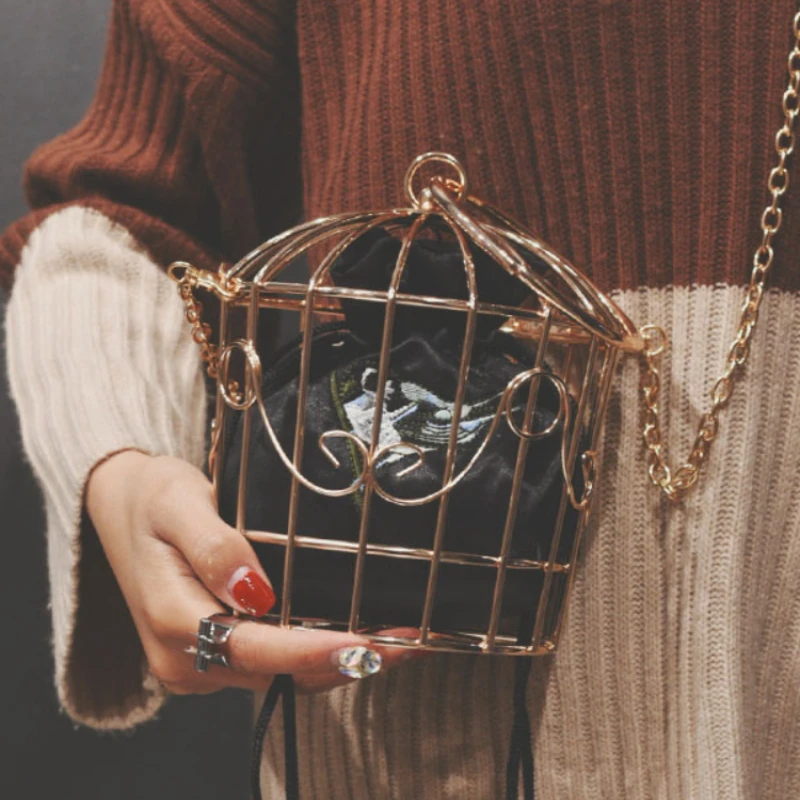 

Women Birdcage Evening Bag Clutch Metal Frame Embroidery Bucket Bird Cage Mini Bag Purse Women Gold Tassel Handbag