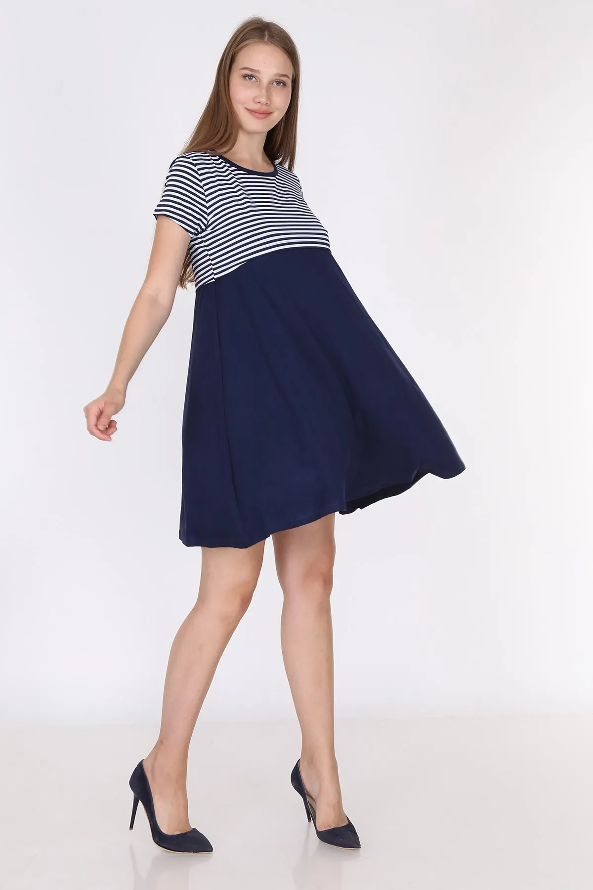 Luvmabelly 5851-верхнее темно-синее Полосатое черное платье для грудного вскармливания