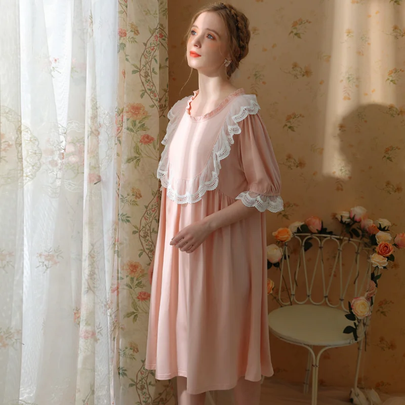Sweet Nightgown Women Cotton Lace Cute Sleepdress French Court Cute Nightdress Spring Vintage Retro Princess Sleepwear Nightwear
