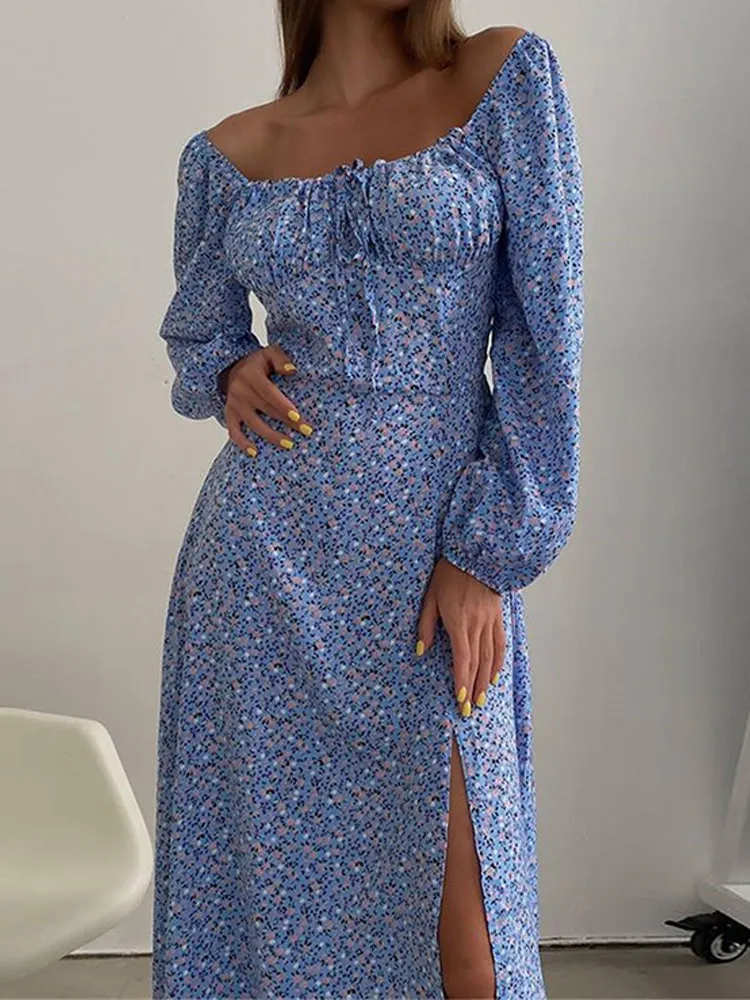

Sweet Floral Slash Neck Women Long Dress Sexy Lantern Sleeves Split Lace Female Dresses High Waist Summer Fashion Ladies Vestido
