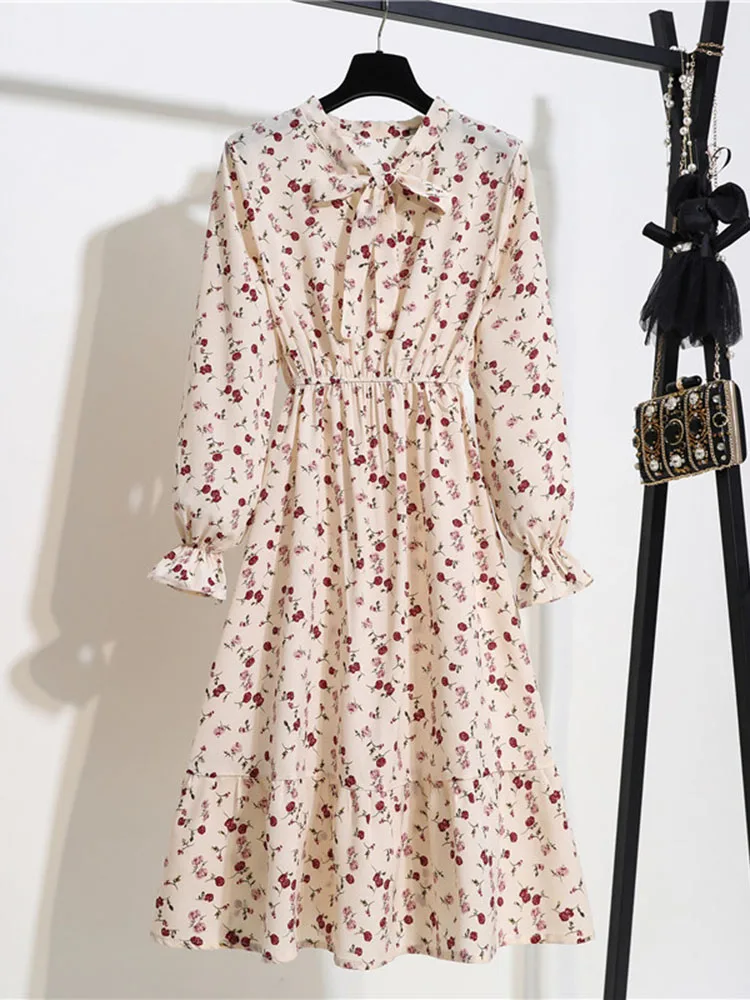 2022 Floral Print Women Dress Female Autumn Long Sleeve Vintage Chiffon Bow Tie Neck Office Lady Shirt Dress Summer Vestidos