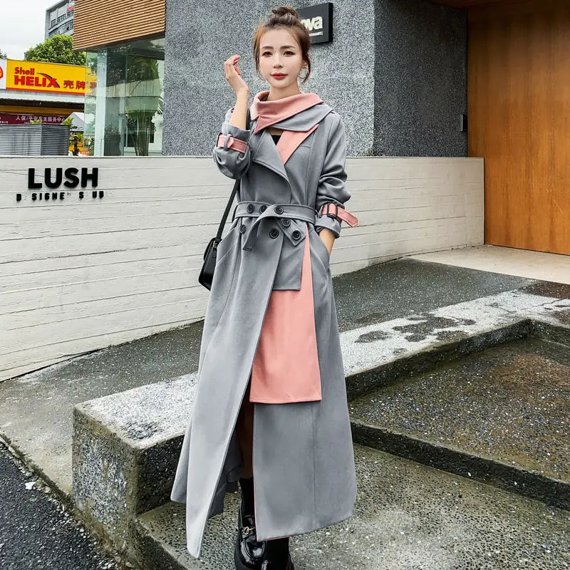 Women's Windbreaker Mid-Length Style Autumn Over-The-Knee Super Long Korean Loose Temperament Contrast Color Simple Coat ZZMM121