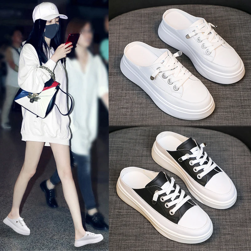 

Женские шлепанцы на платформе, сланцы, лоферы из искусственной кожи и резины, на плоской подошве, с перекрестной шнуровкой, для увеличения роста, 2023