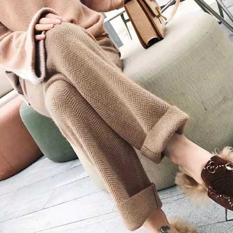 

Autumn Winter Casual High Waist Trousers Wide Leg Woolen Pants Thicken Fashion Office-lady Pants Women Trouser Pantalones 29359