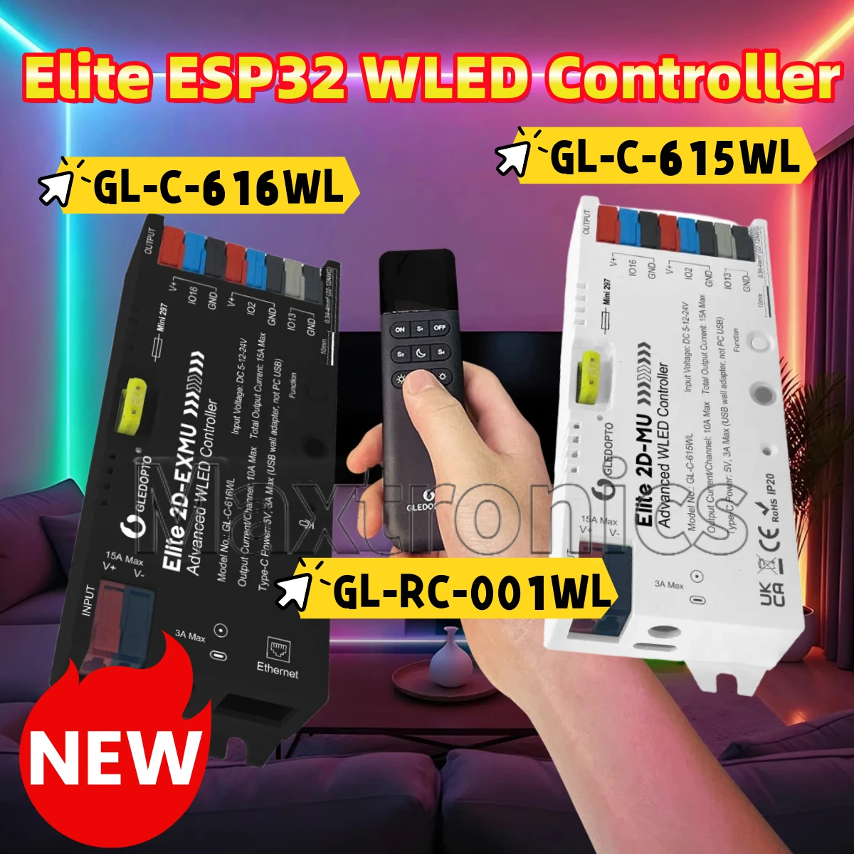 Фото GLEDOPTO Elite ESP32 WLED контроллер 20A предохранитель динамического звука реле энергосбережения для WS2811 WS2812 SK6812 RGBIC светодиодная лента №1