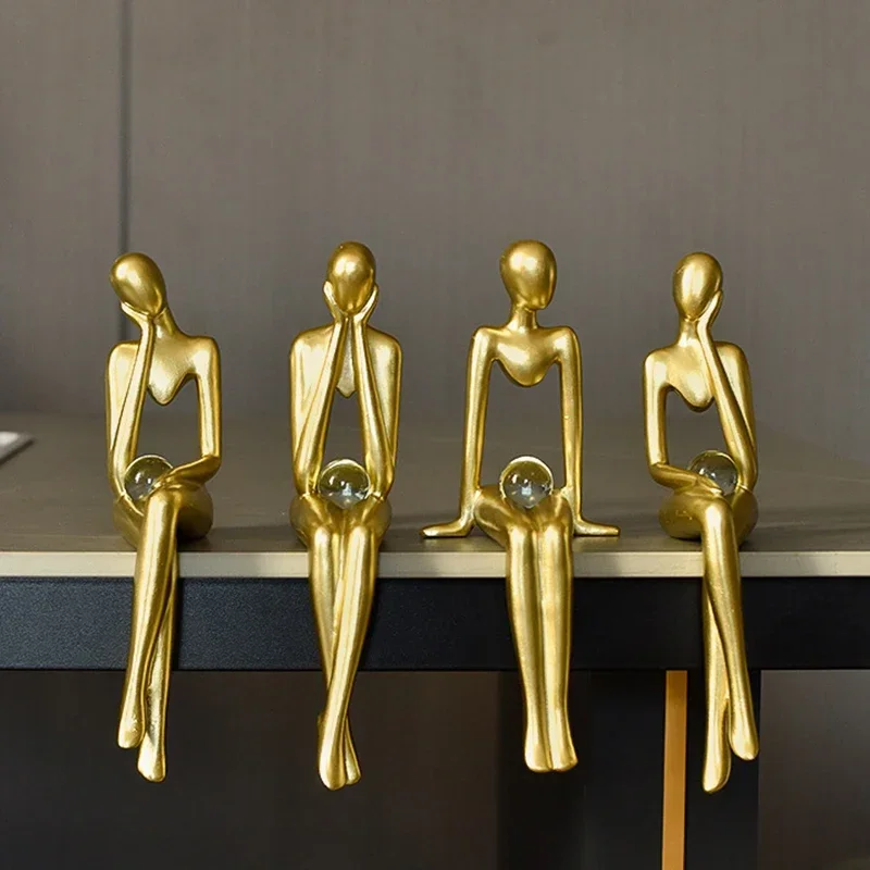 Золотой человек Декор сидячего стола Смола Абстрактная статуя мыслителя