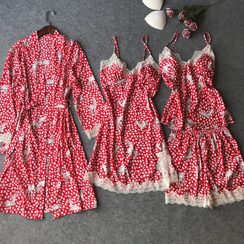 [ OUTFIT + STRAP DRESS + CAMIS + SHORT PANT ] 4pcs Set Sleepwear Pajama Suit Satin Chiffon Bathrobe Nightwear Lounge Plus Size