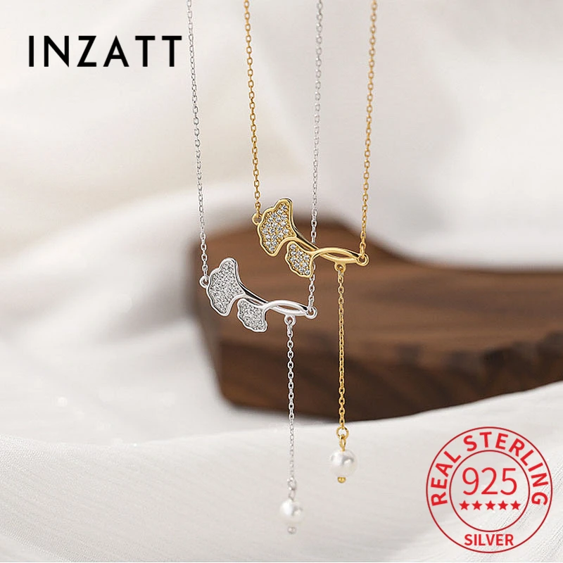 

INZATT Real 925 Sterling Silver Zircon Leaves Plant Pearl Tassel Choker Necklace For Women Classic Minimalist Fine Jewelry