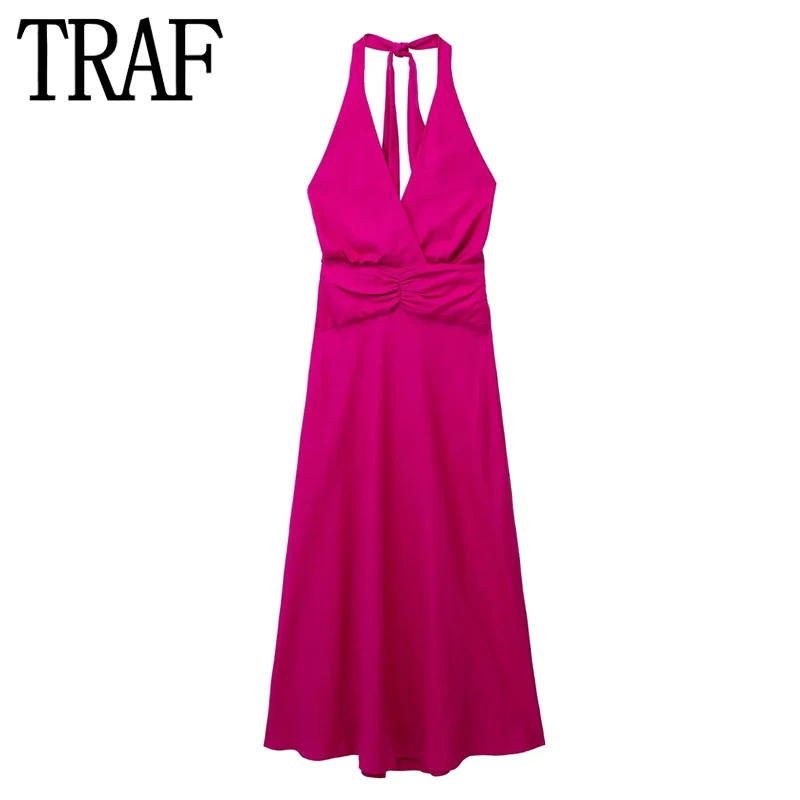 

TRAF Rosy Halter Dress Woman Backless Long Dress Women Off Shoulder Elegant Party Dresses For Women 2023 Summer Evening Dresses