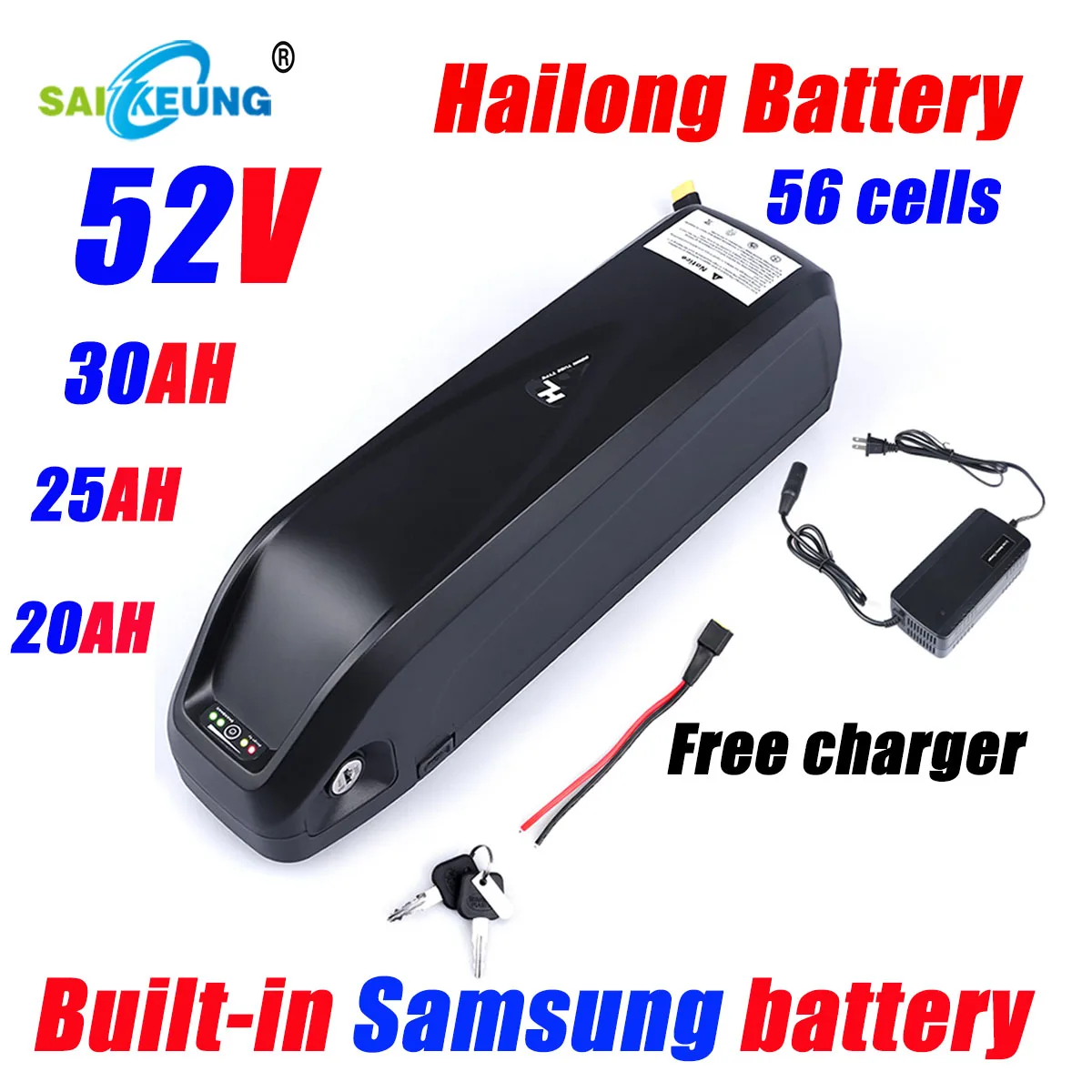 Samsung Lithium Battery Pack 52V 20/25/30ah Electric Vehicle Battery Hailong Shell 30A BMS 350W 500W 750W 1000W Bicycle Battery