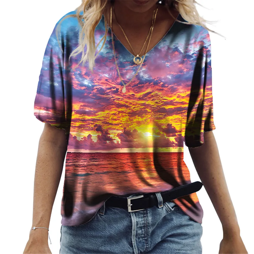 

Женская тонкая футболка с коротким рукавом, летняя тонкая футболка с принтом заката, пейзажа, модная футболка с круглым вырезом и цифровым графическим принтом, 2022