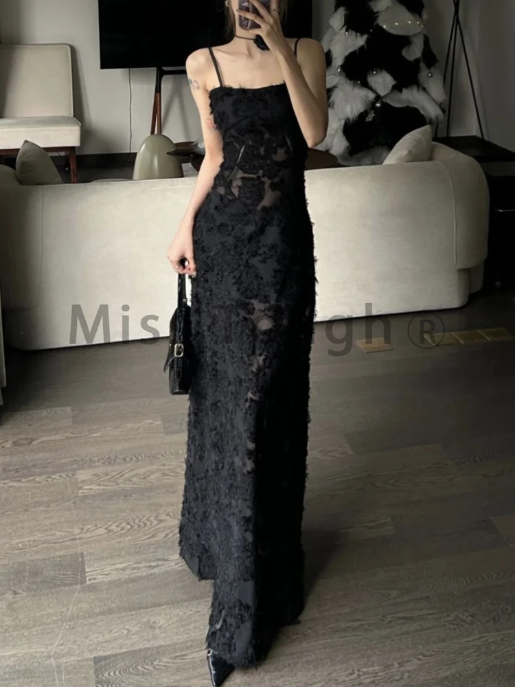 Черное сексуальное женское платье средней длины летнее Прозрачное на бретелях Y2k