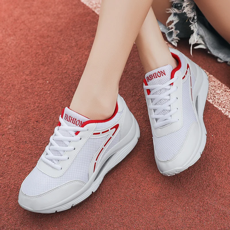Casual Women Thick-soled Sneakers Fashion Spring Autumn Summer PU lace-up  Vulcanized Shoes Mesh Rubber Non-slip New