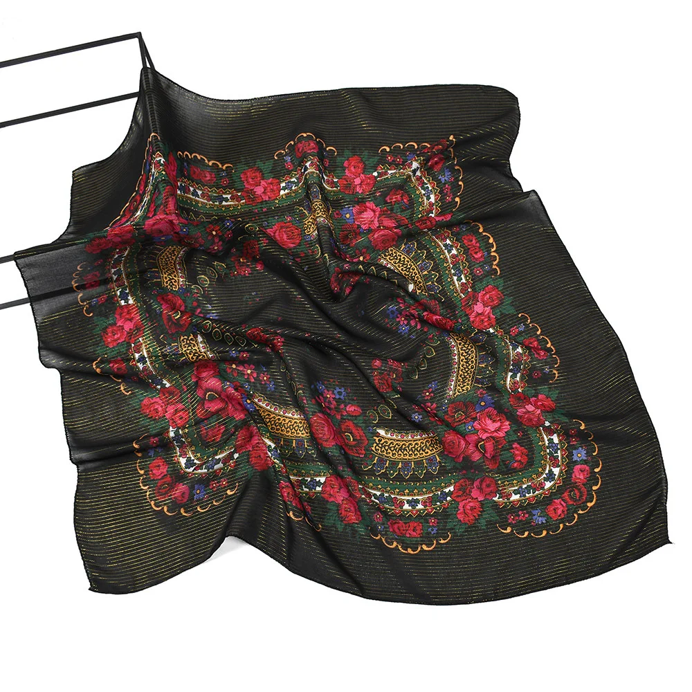 

Handkerchief Scarf Russian Retrol Floral Printed National Gold Shinny Dustproof Muslim Headscarf Acrylic Small Scarf 80x80cm