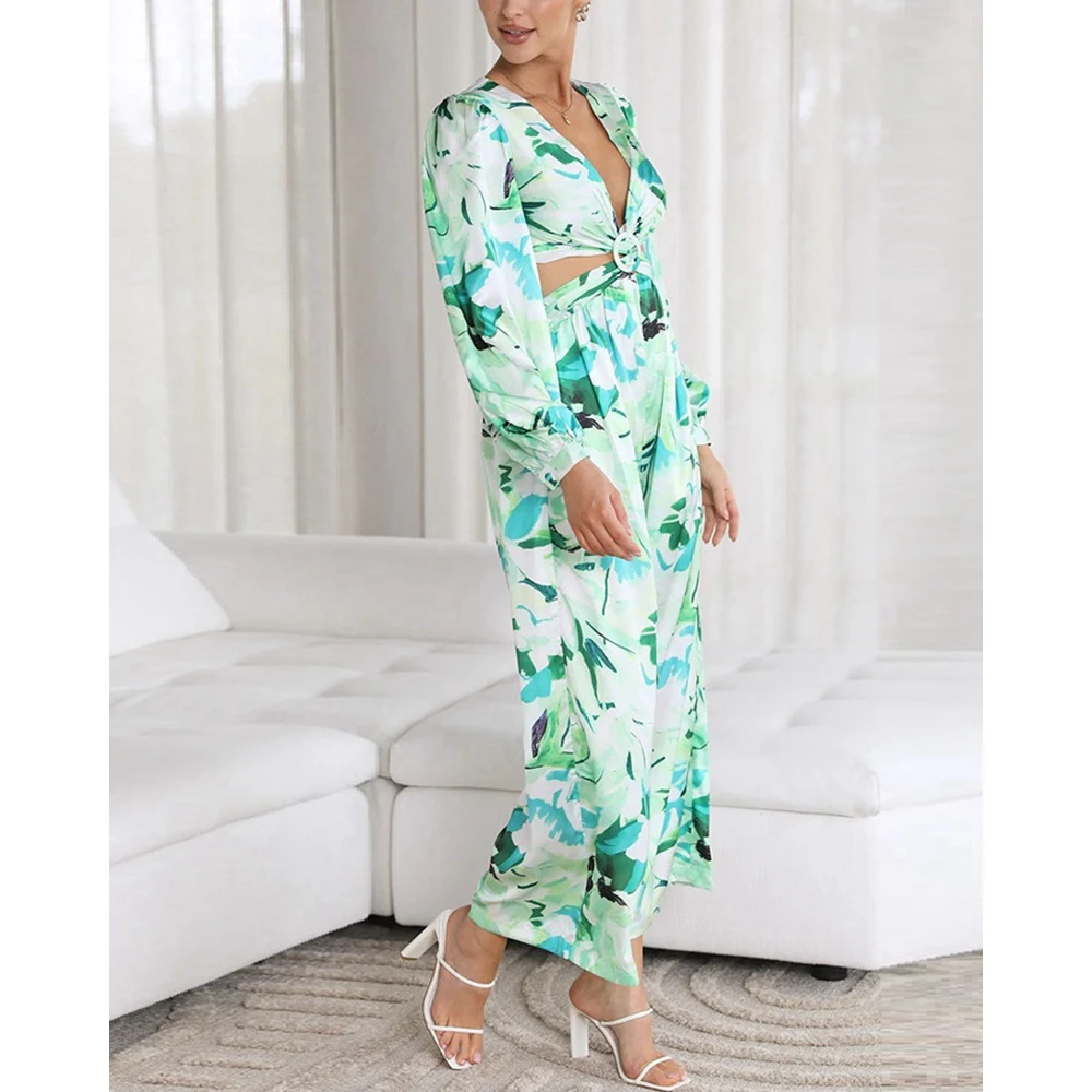 Women Sexy Deep V Neck Long Sleeve O Ring Design Jumpsuits Backless Wide Leg Summer Female One-piece Casual Vacation Streetwear