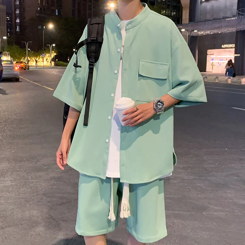 Рубашка и шорты мужские эластичные с коротким рукавом воротником-стойкой |