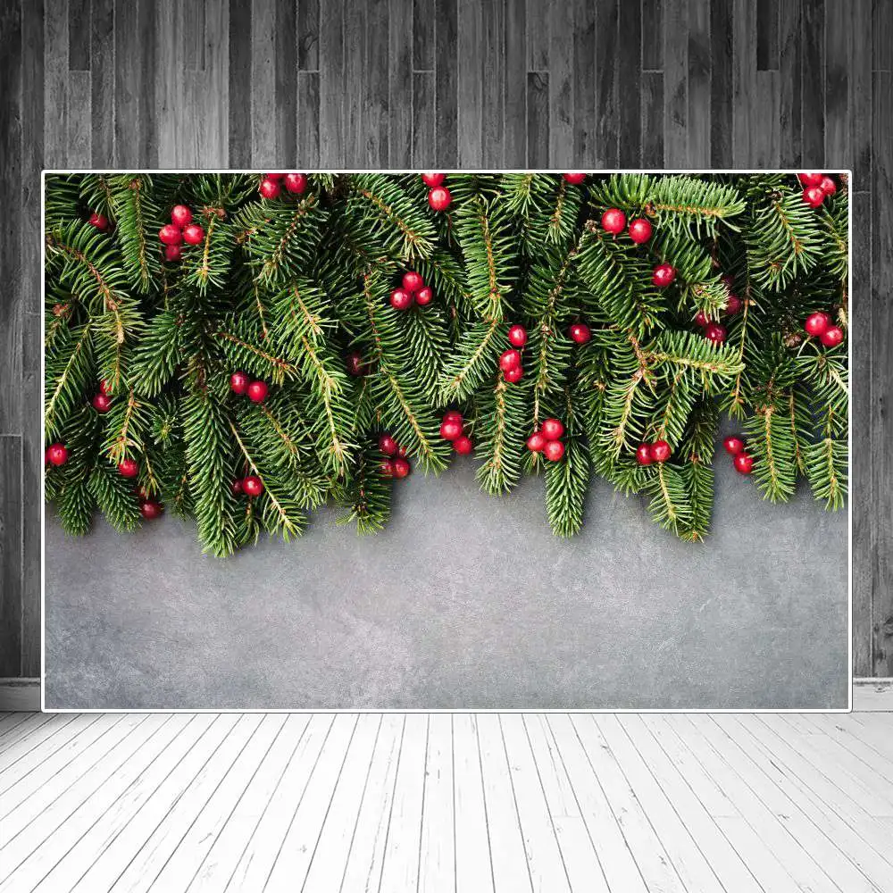 

Christmas Holly Pine Cones Red Ball Wooden Boards Planks Photography Backgrounds Custom Baby Party Decoration Photo Backdrops