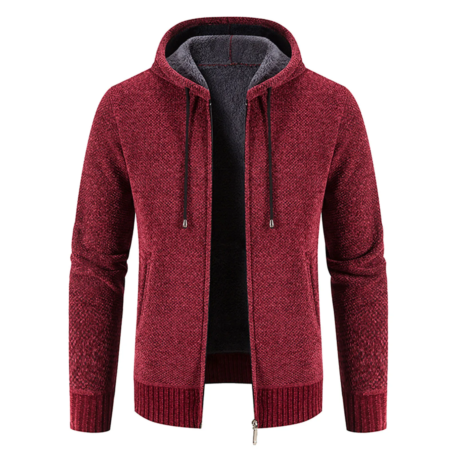 

Mens Autumn And Winter Solid Hooded Zipper Warm Cardigan Knitted Coat Men's Winter
