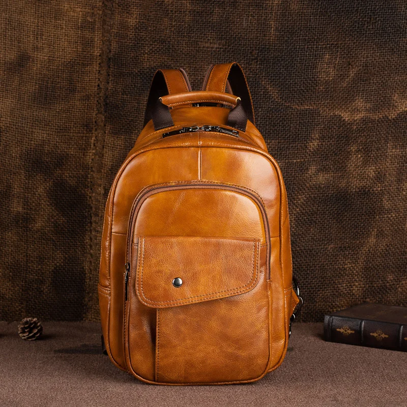 

Men's Retro Mini Backpack 2023 New Genuine Leather Multifunctional Backpacks For Men Vintage Handmade Male Chest Bags