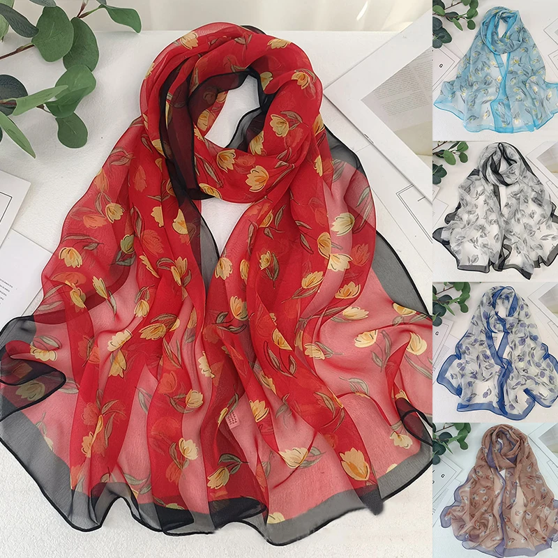 

Magnolia Flower Print Women Elegant Chiffon Georgette Bandana Scarf Summer Beach Sunscreen Thin Hijab Headband Shawl Scarves