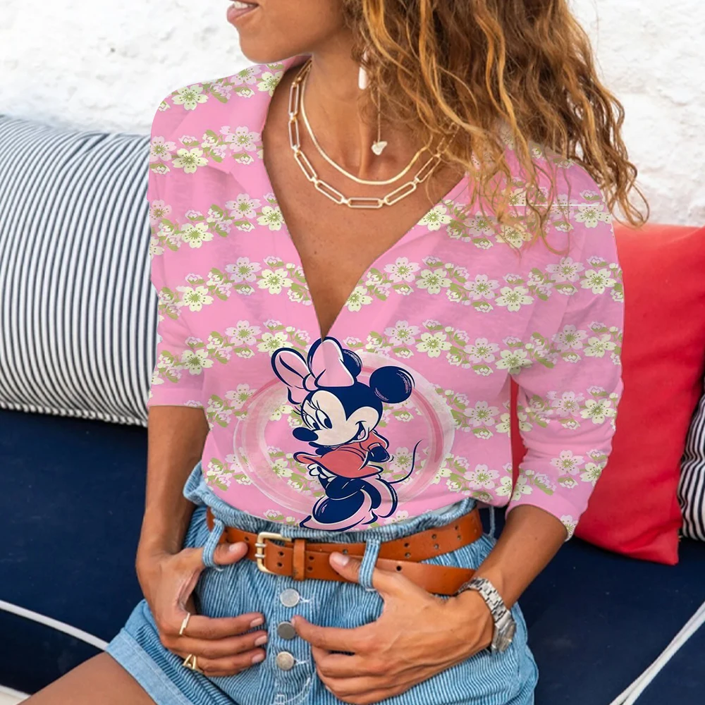 

Fashion Women's New Spring Autumn V Neck Long Sleeve Shirt Disney Minnie Mouse 3D Print T Shirt Casual Slim Streetwear