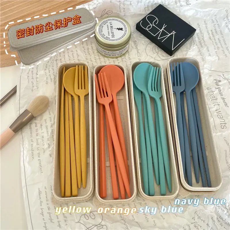 

4PCS/Set Candy Color Spoon Fork Chopsticks Cutlery Dinnerware Wheat Straw Tableware Portable OL Go To Work Travel Tableware Set